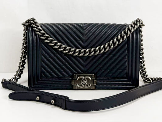 CHANEL Boy Chevron Wrinkled Shoulder Bag, W25cm, Approx. 20s, Vintage S Hardware, Dark Color, with Seal, 20772622