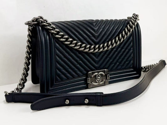 CHANEL Boy Chevron Wrinkled Shoulder Bag, W25cm, Approx. 20s, Vintage S Hardware, Dark Color, with Seal, 20772622