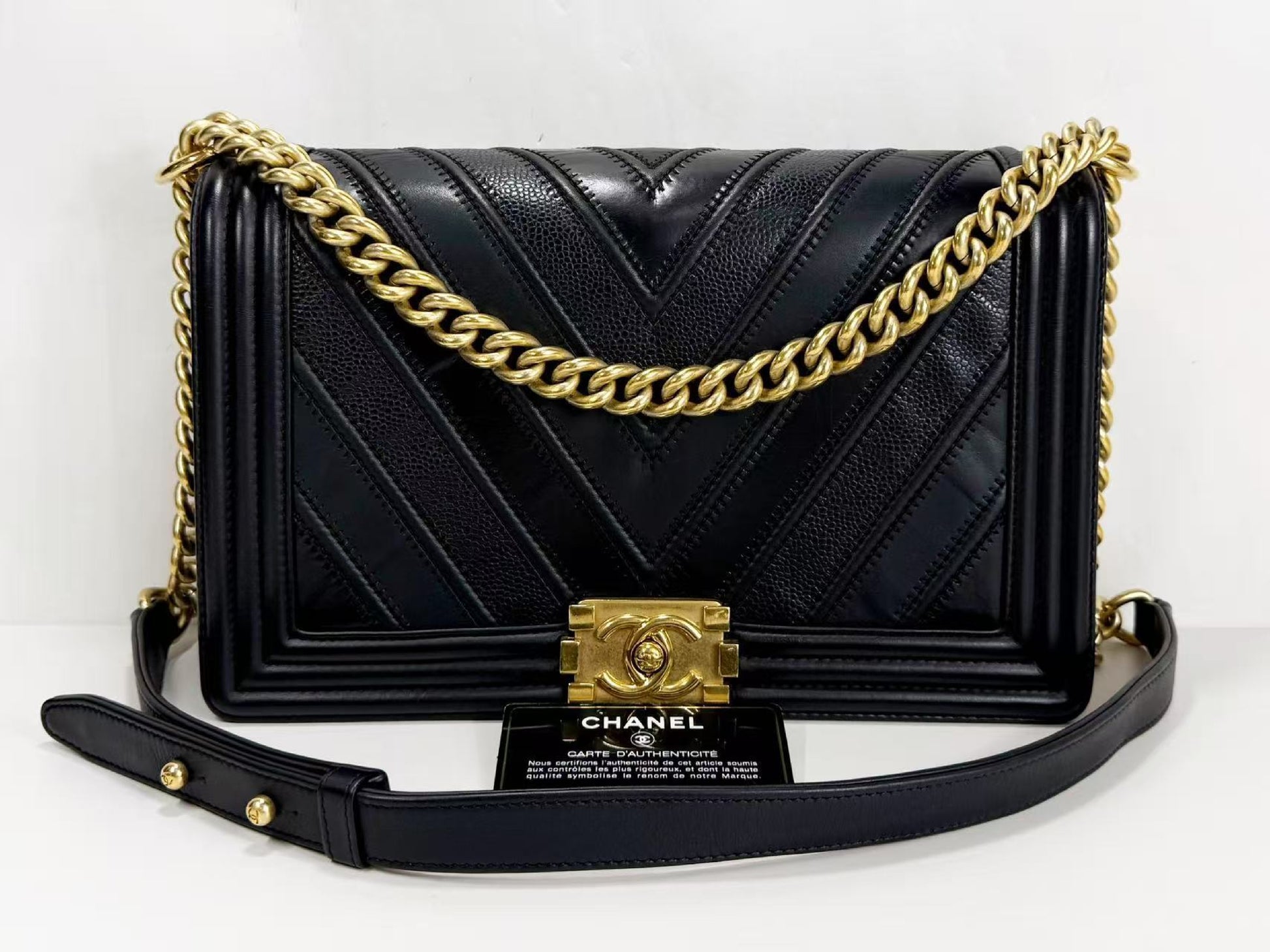 CHANEL Black Boy Patchwork Chevron Shoulder Bag, W28cm, Approx. 22nd Series [G Card and Sticker Included] Vintage G Hardware, 22323003