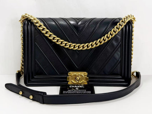 CHANEL Black Boy Patchwork Chevron Shoulder Bag, W28cm, Approx. 22nd Series [G Card and Sticker Included] Vintage G Hardware, 22323003