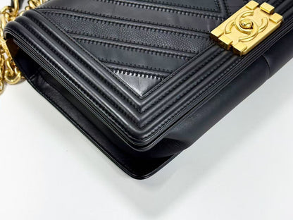 CHANEL Black Boy Patchwork Chevron Shoulder Bag, W28cm, Approx. 22nd Series [G Card and Sticker Included] Vintage G Hardware, 22323003