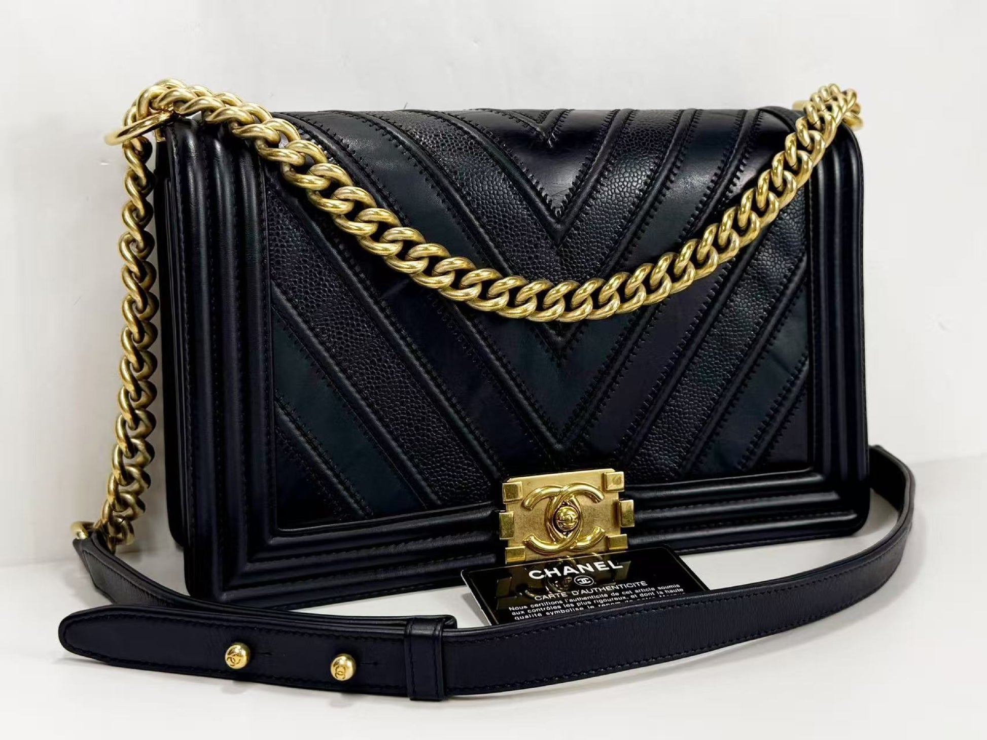 CHANEL Black Boy Patchwork Chevron Shoulder Bag, W28cm, Approx. 22nd Series [G Card and Sticker Included] Vintage G Hardware, 22323003