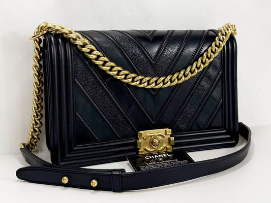 CHANEL Black Boy Patchwork Chevron Shoulder Bag, W28cm, Approx. 22nd Series [G Card and Sticker Included] Vintage G Hardware, 22323003