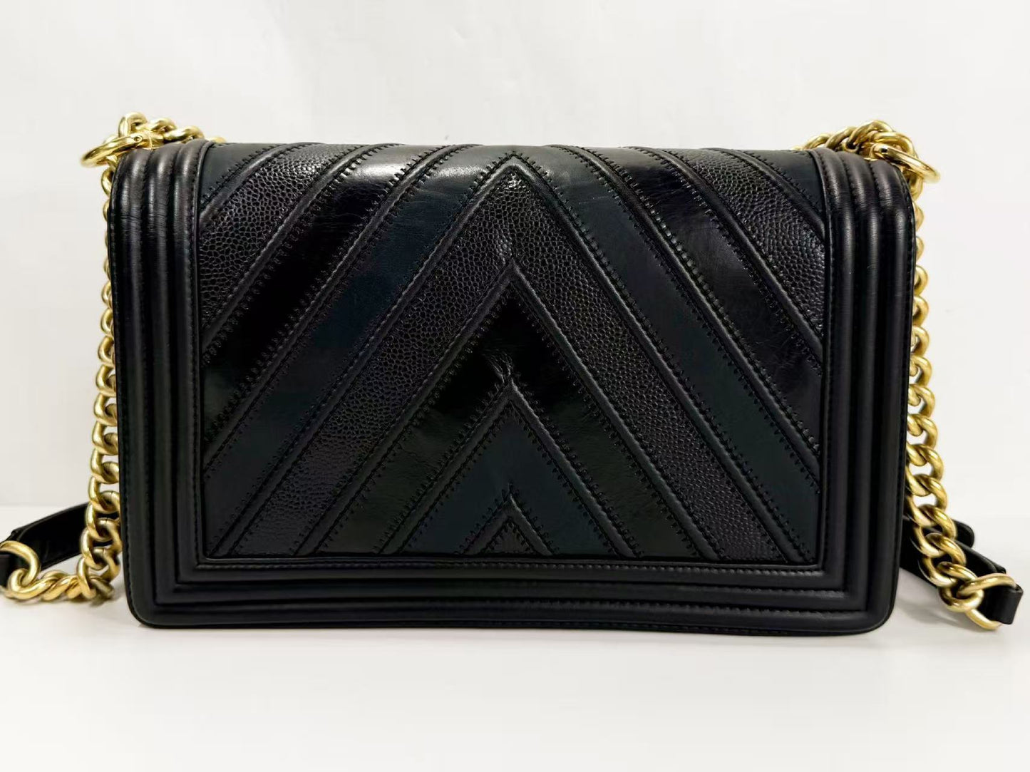 CHANEL Black Boy Patchwork Chevron Shoulder Bag, W28cm, Approx. 22nd Series [G Card and Sticker Included] Vintage G Hardware, 22323003