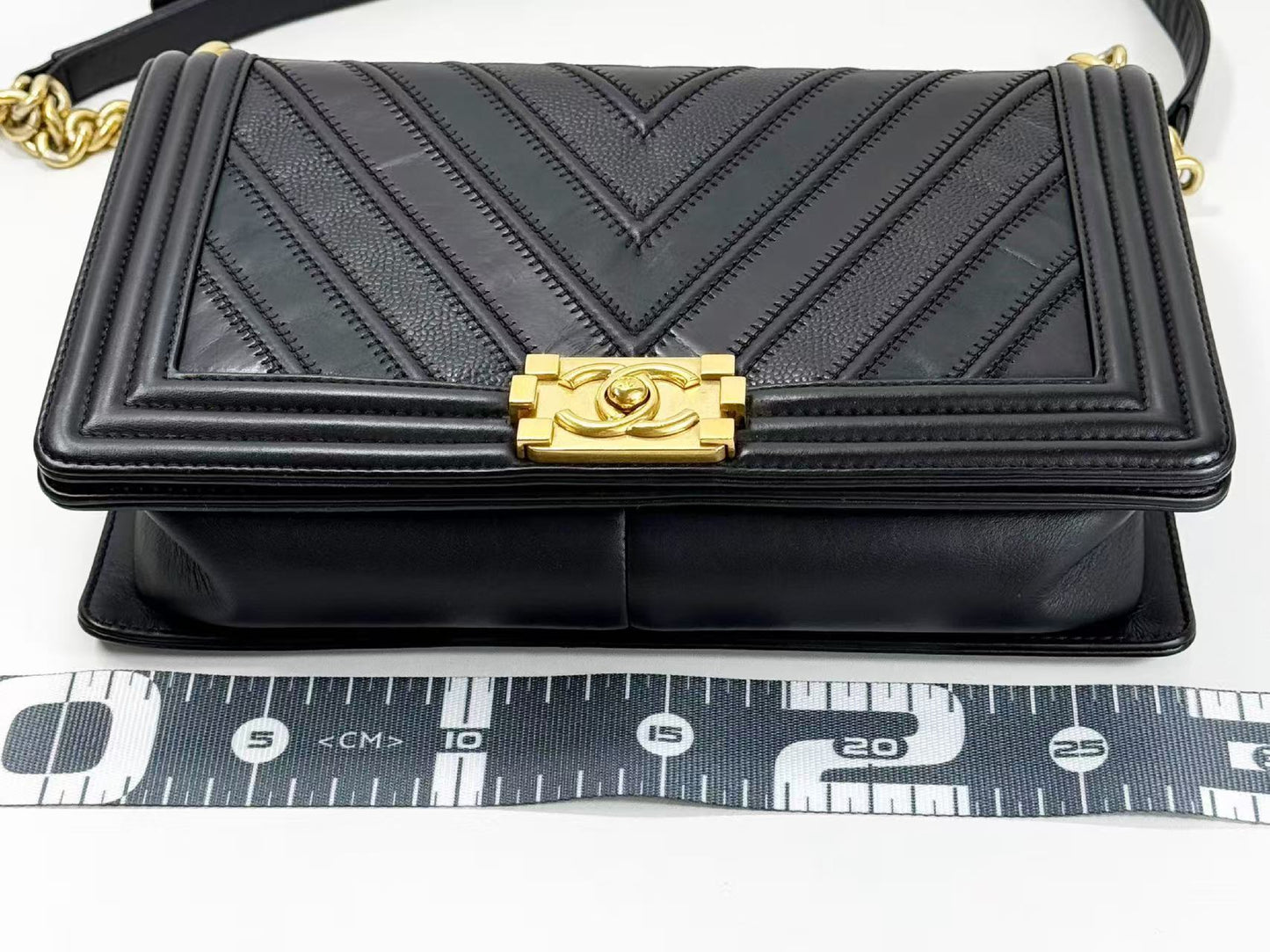 CHANEL Black Boy Patchwork Chevron Shoulder Bag, W28cm, Approx. 22nd Series [G Card and Sticker Included] Vintage G Hardware, 22323003