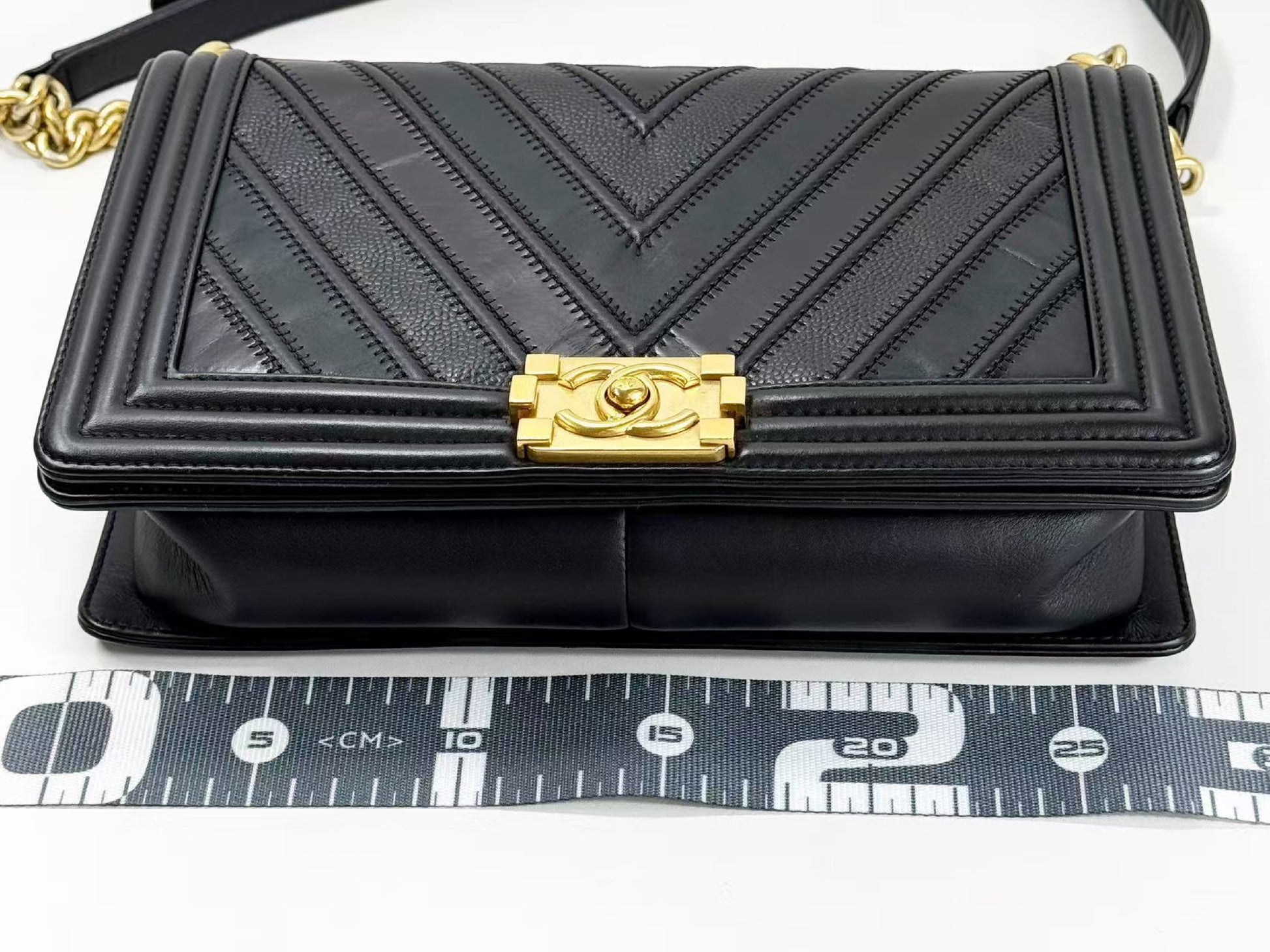 CHANEL Black Boy Patchwork Chevron Shoulder Bag, W28cm, Approx. 22nd Series [G Card and Sticker Included] Vintage G Hardware, 22323003