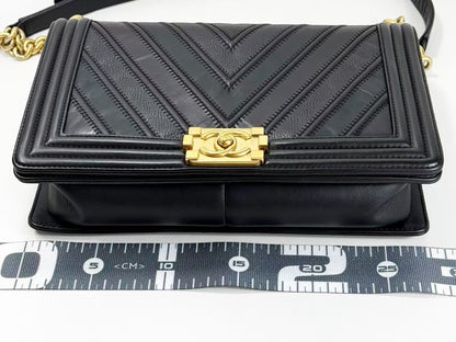 CHANEL Black Boy Patchwork Chevron Shoulder Bag, W28cm, Approx. 22nd Series [G Card and Sticker Included] Vintage G Hardware, 22323003