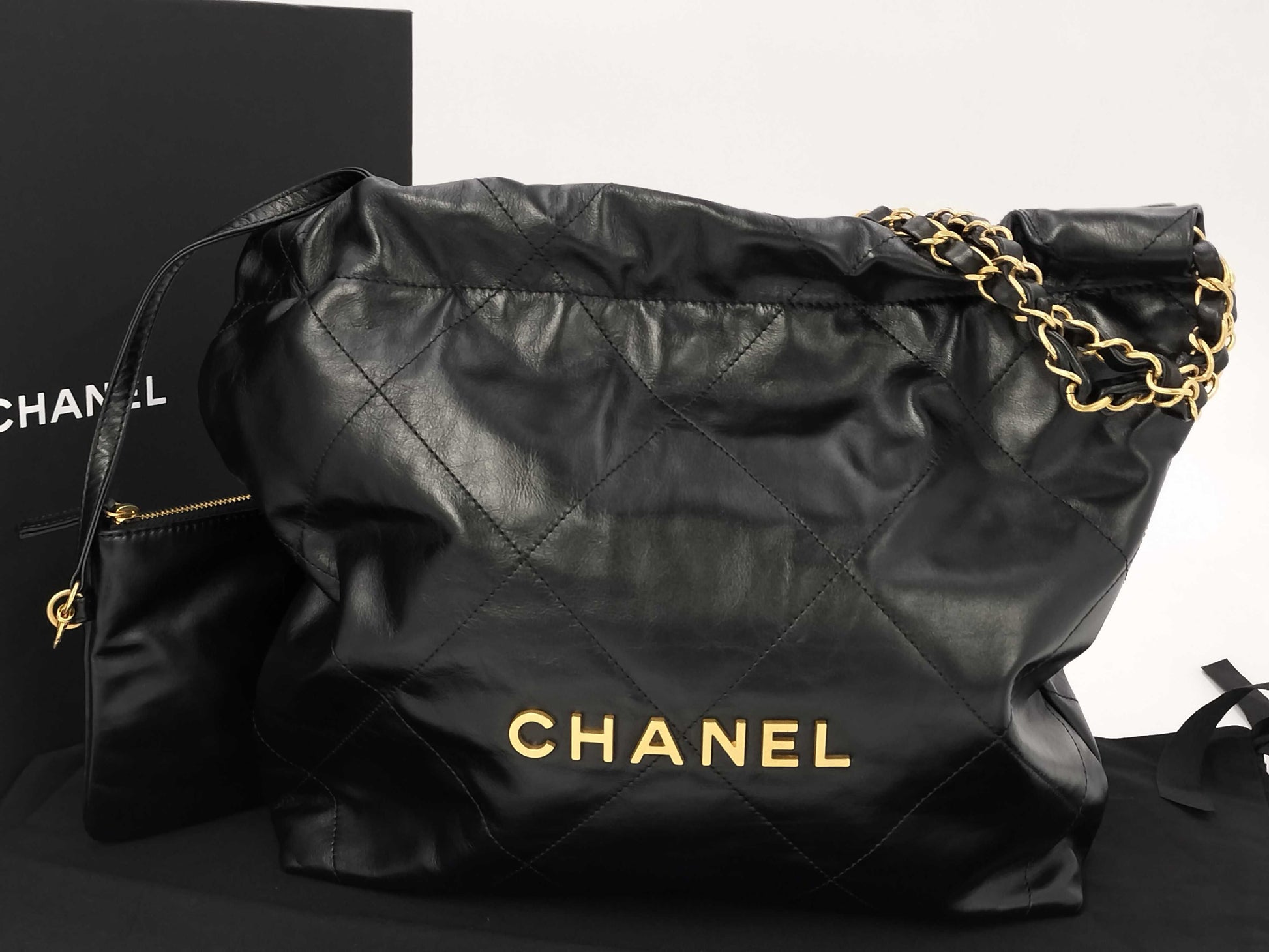 CHANEL CHANEL 22 Shiny Calfskin Chain Shoulder Bag with Gold Hardware and Pouch, AS3260, Serial Number Plate, Black, Shoulder Bag