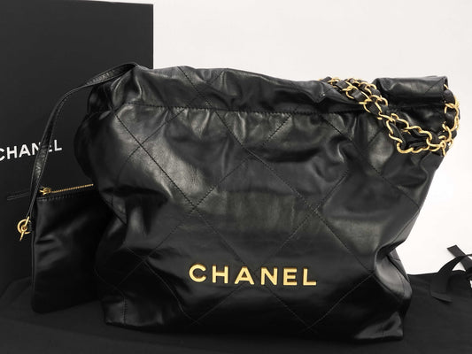 CHANEL CHANEL 22 Shiny Calfskin Chain Shoulder Bag with Gold Hardware and Pouch, AS3260, Serial Number Plate, Black, Shoulder Bag