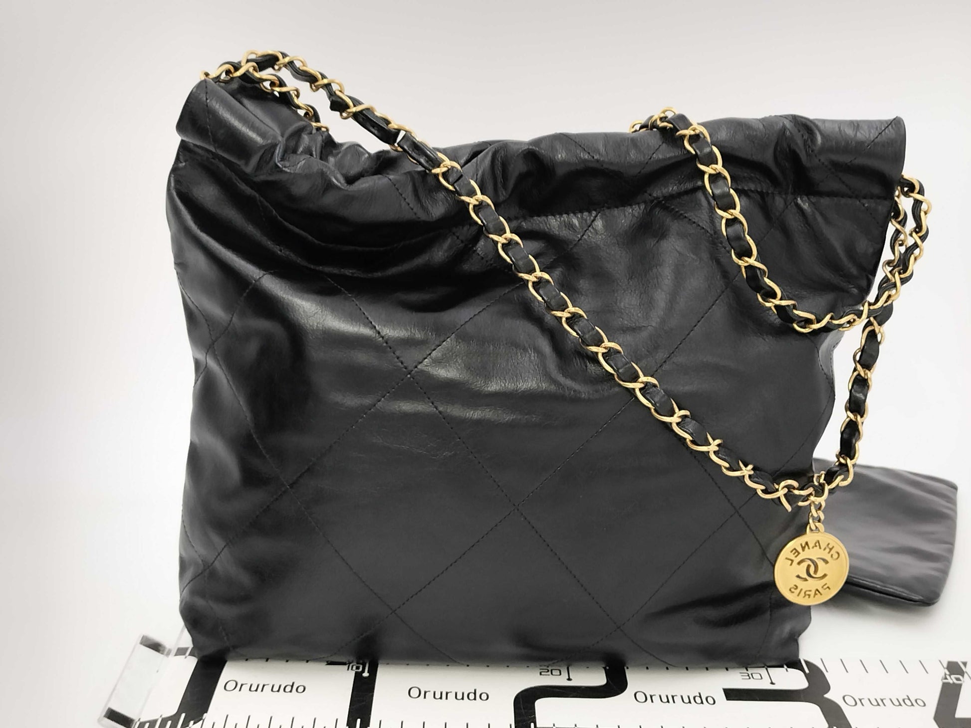 CHANEL CHANEL 22 Shiny Calfskin Chain Shoulder Bag with Gold Hardware and Pouch, AS3260, Serial Number Plate, Black, Shoulder Bag