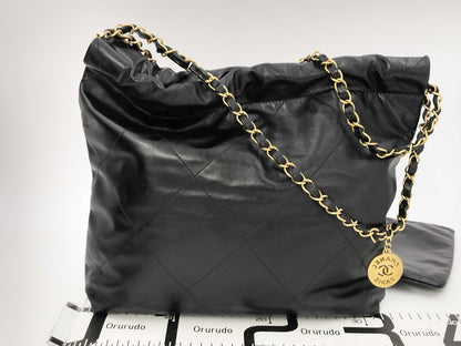 CHANEL CHANEL 22 Shiny Calfskin Chain Shoulder Bag with Gold Hardware and Pouch, AS3260, Serial Number Plate, Black, Shoulder Bag