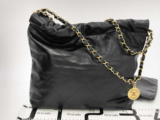 CHANEL CHANEL 22 Shiny Calfskin Chain Shoulder Bag with Gold Hardware and Pouch, AS3260, Serial Number Plate, Black, Shoulder Bag