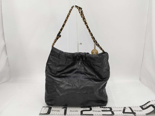 CHANEL CHANEL 22 Shiny Calfskin Chain Shoulder Bag with Gold Hardware and Pouch, AS3260, Serial Number Plate, Black, Shoulder Bag