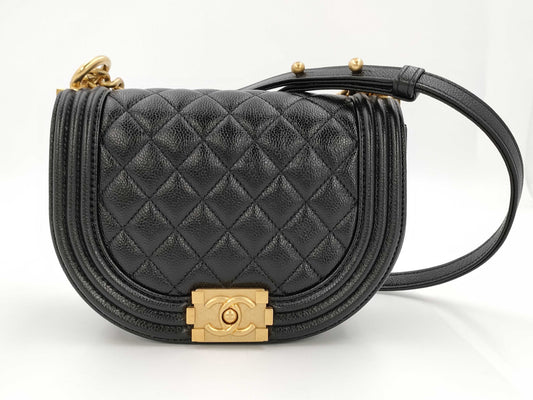 CHANEL Boy Chanel Round Caviar Leather Shoulder Bag with Gold Hardware and Chain Serial Number Plate in Black