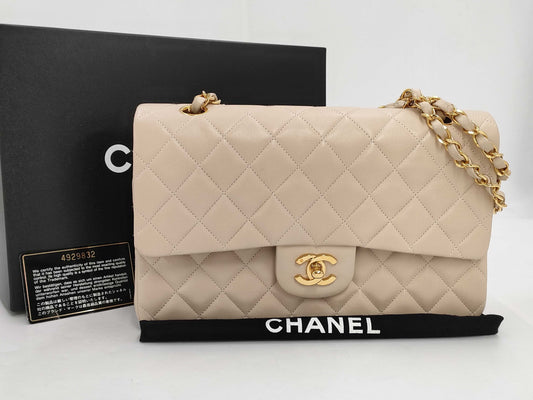 CHANEL Matelasse 25 Beige Lambskin Shoulder Bag with Box and Guarantee Card