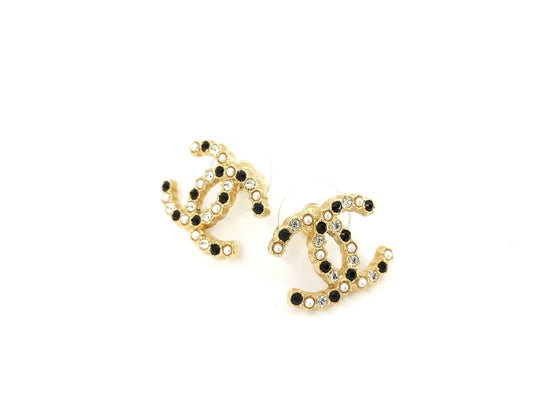 CHANEL Coco Mark Black x Clear Stone Pearl A21V Earrings