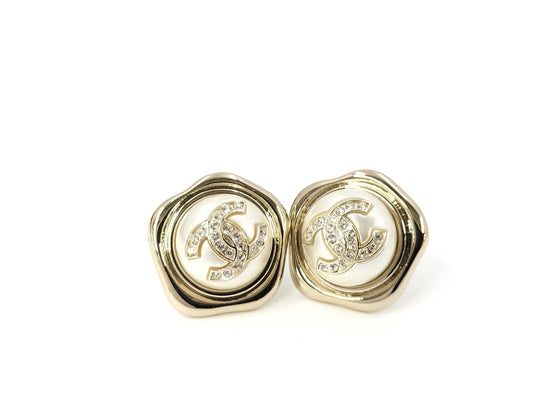CHANEL Pentagonal Pearl Earrings with Coco Mark and Rhinestones B22S