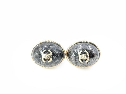 CHANEL Oval Color Stone Marble Black Coco Mark B19A Earrings