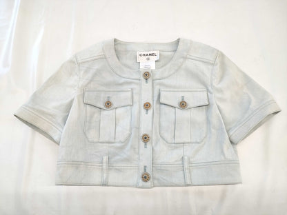 CHANEL Short Sleeve Cropped Denim Jacket, Size 38