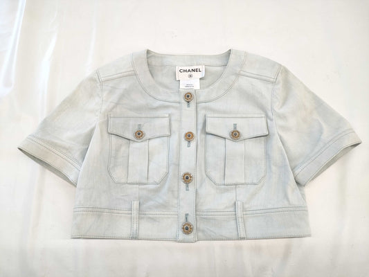 CHANEL Short Sleeve Cropped Denim Jacket, Size 38