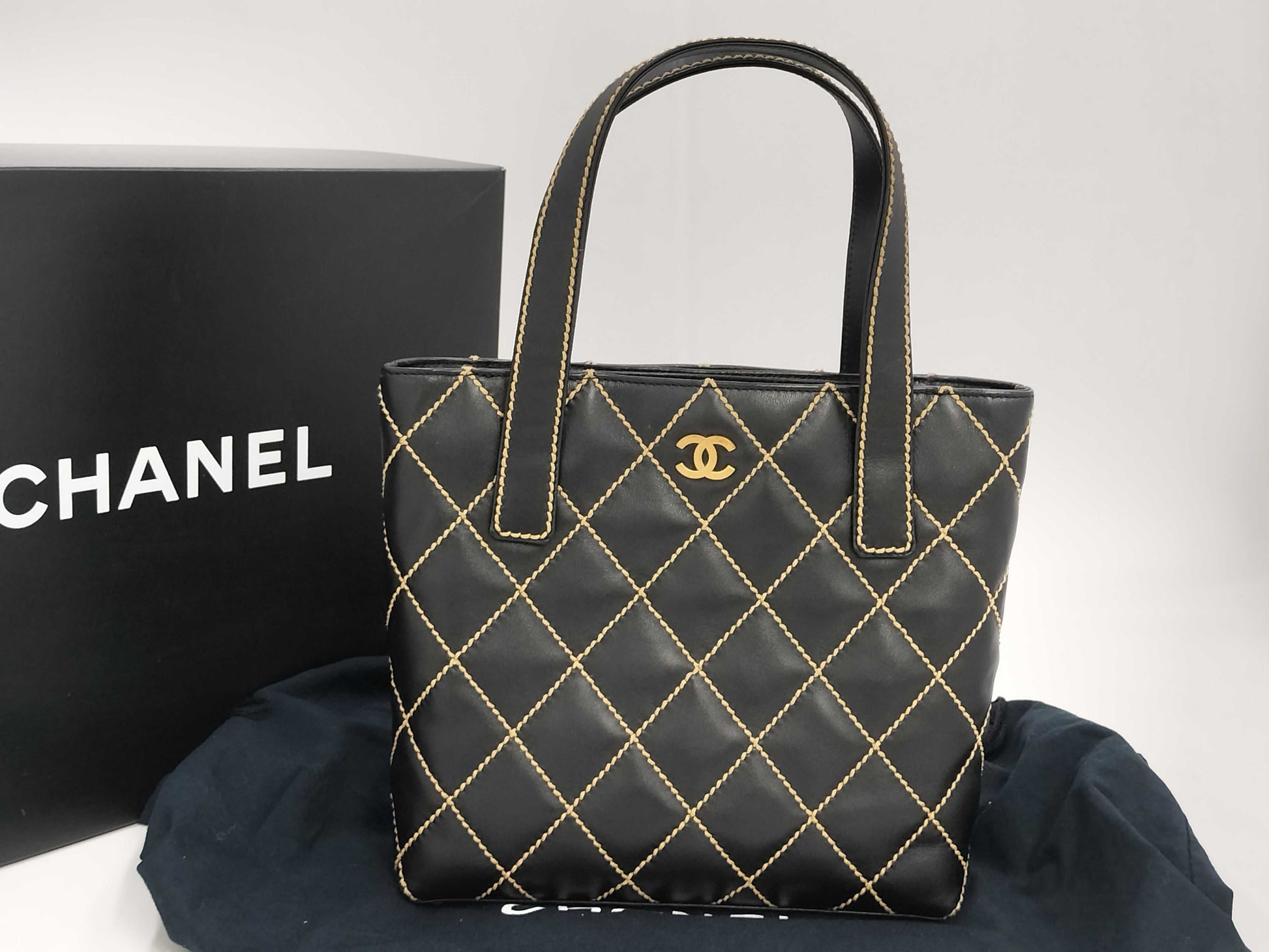 CHANEL Wild Stitch Calfskin Black GD Hardware Tote Bag A18126