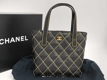 CHANEL Wild Stitch Calfskin Black GD Hardware Tote Bag A18126