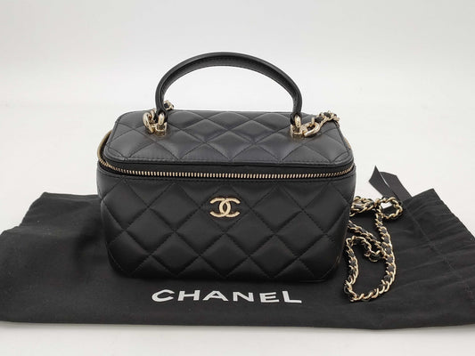 CHANEL 2-Way Chain Vanity Bag with Top Handle, Mirrored Matelasse Lambskin, Black with GD Hardware, AP2199 AHKG4A71 Shoulder Bag
