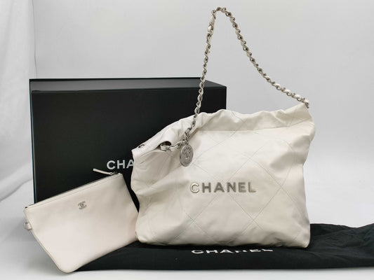 CHANEL Calfskin WHITE SILVER Chanel 22 Line IC Shoulder Bag
