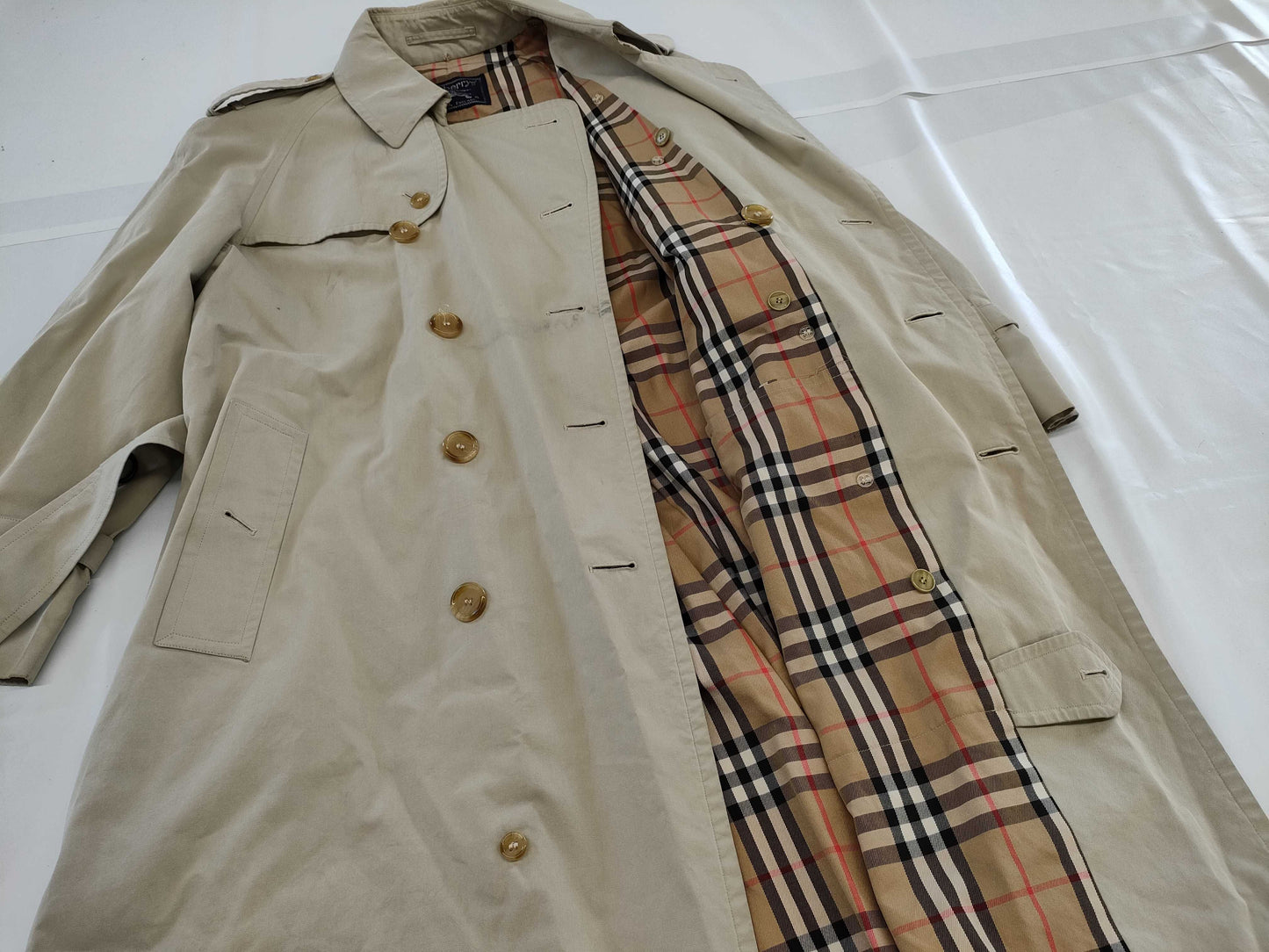 BURBERRY Belted Nova Check Khaki Trench Coat, Size 48