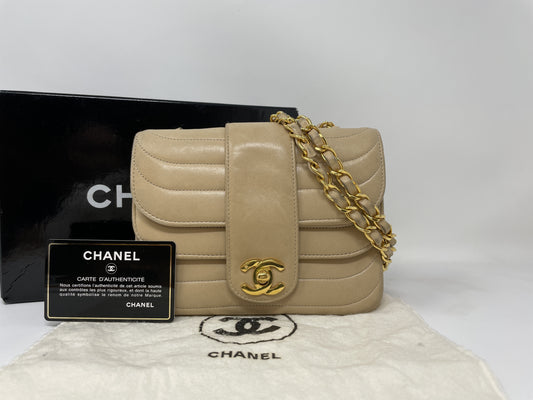 CHANEL CHANEL Shoulder Bag Lambskin Wave Stitch Beige Shoulder Bag
