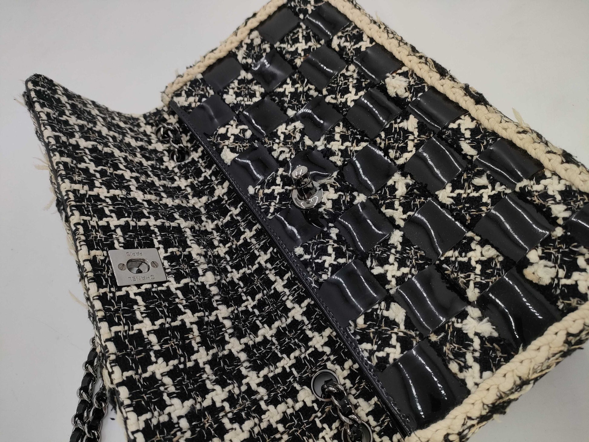 CHANEL Tweed Patent Shoulder Bag