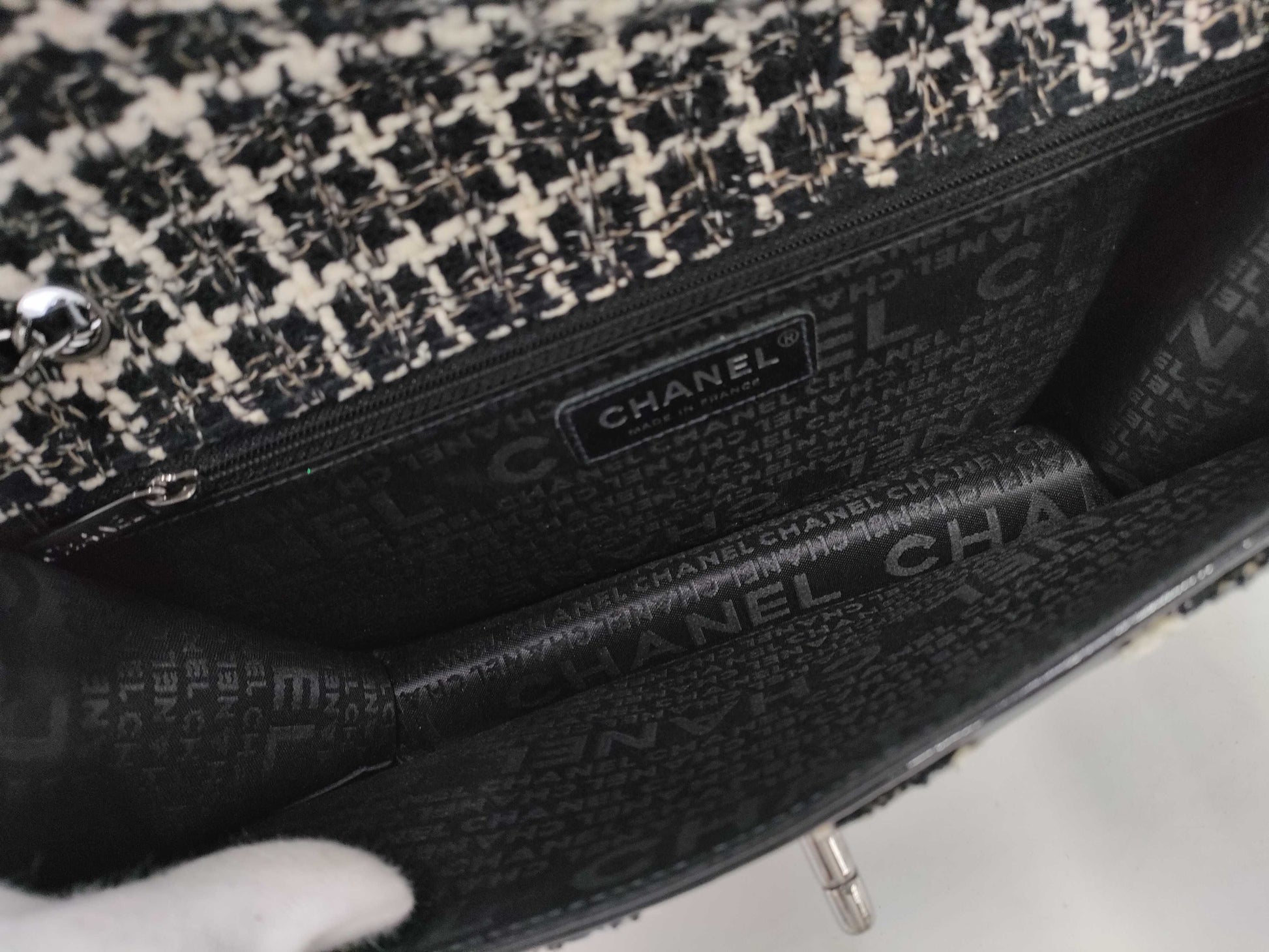 CHANEL Tweed Patent Shoulder Bag