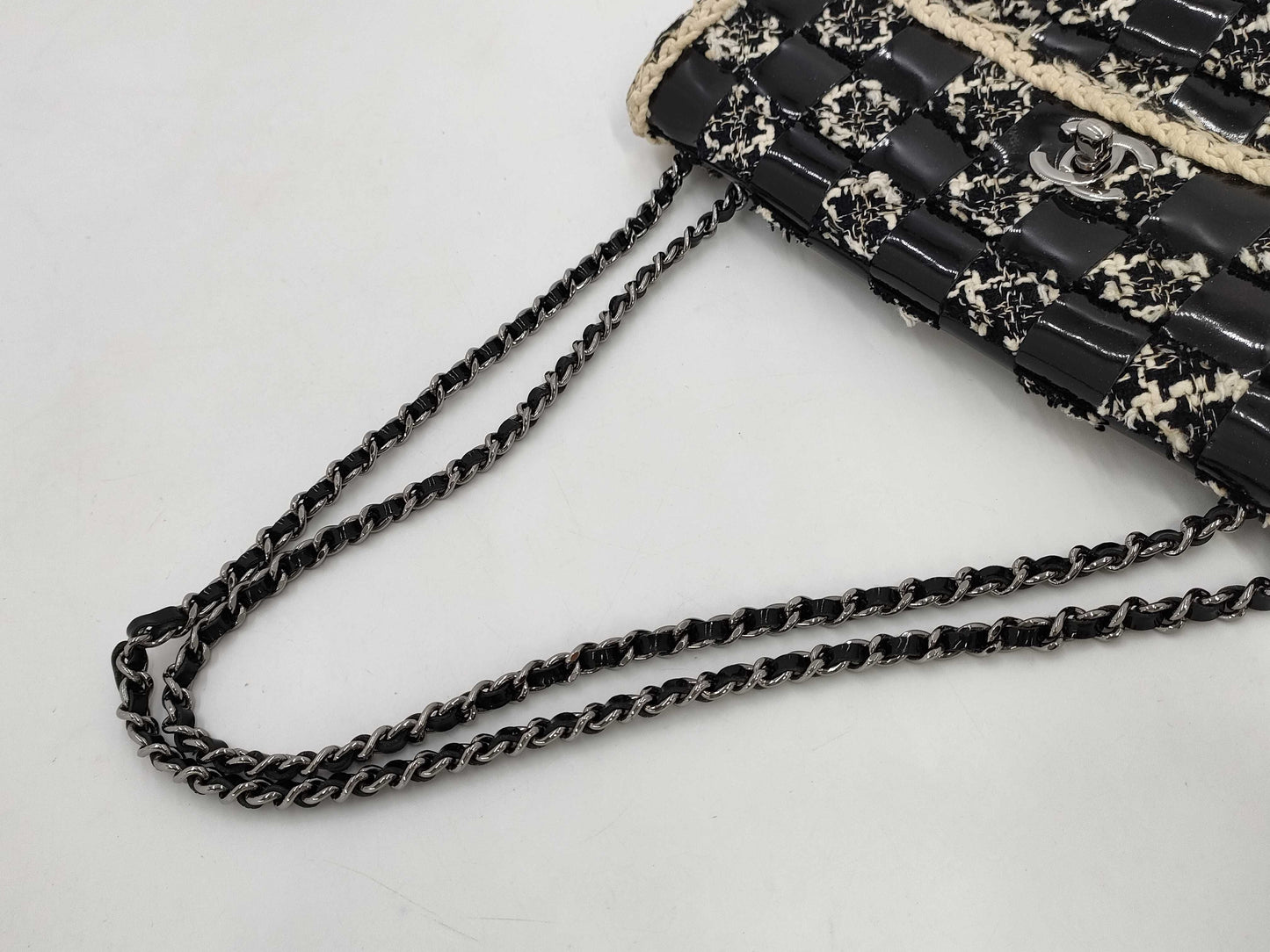 CHANEL Tweed Patent Shoulder Bag