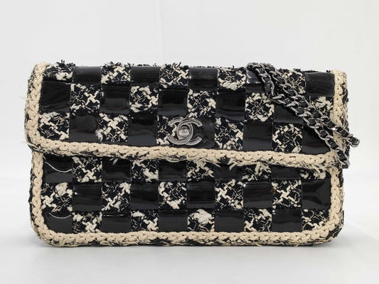 CHANEL Tweed Patent Shoulder Bag