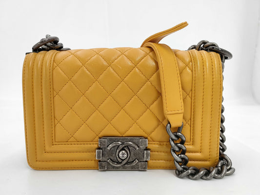 CHANEL Boy Chanel Matelasse Lambskin Chain Shoulder Bag Yellow