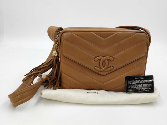 CHANEL V-stitch lambskin fringe shoulder bag