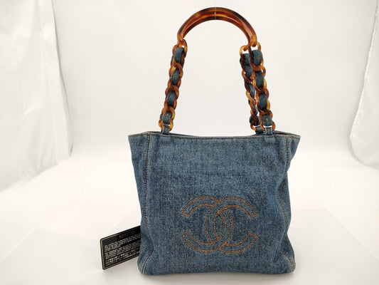 CHANEL CHANEL denim chain shoulder tote bag with card and sticker