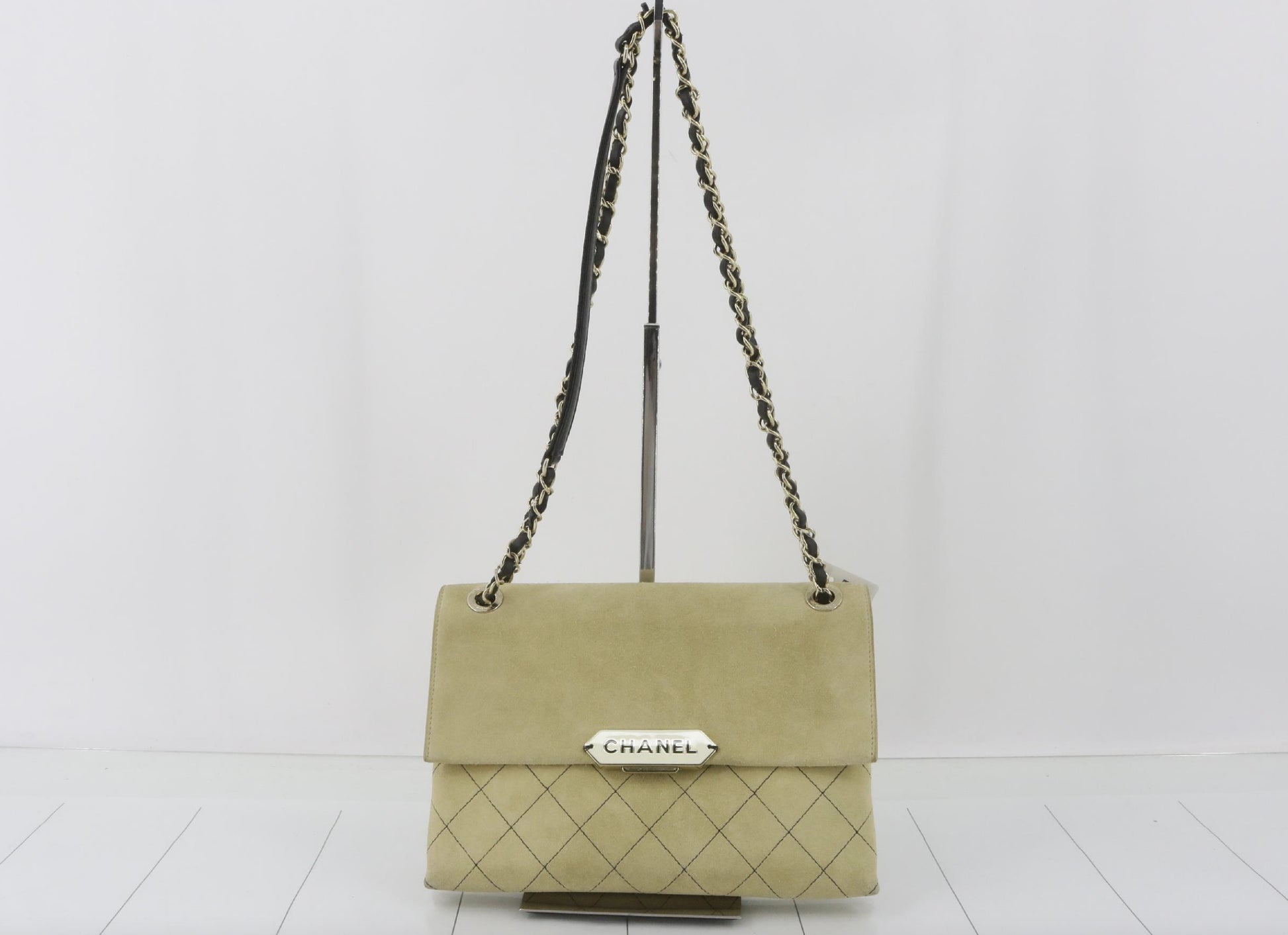 CHANEL Matelasse Logo Chain Shoulder Bag, Suede, Beige, No. 23