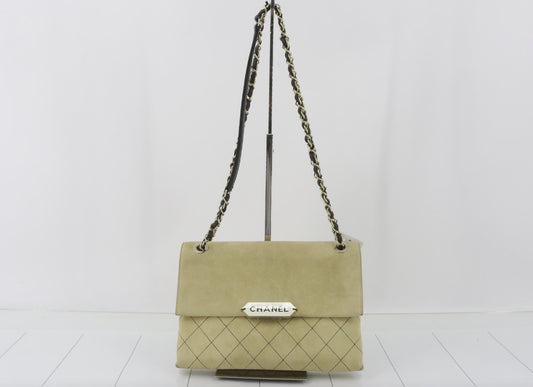 CHANEL Matelasse Logo Chain Shoulder Bag, Suede, Beige, No. 23