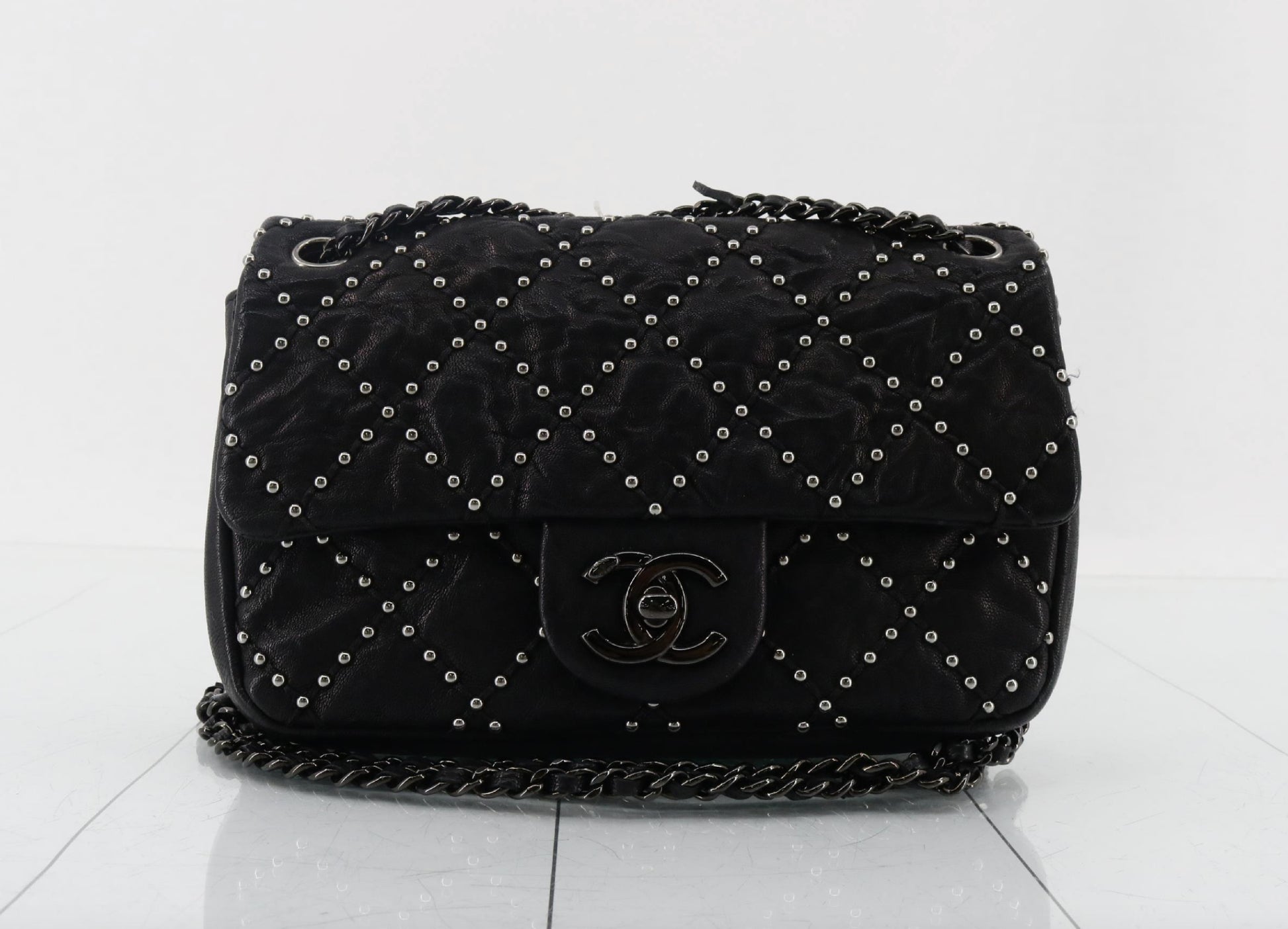 CHANEL Matelasse Stud Chain Shoulder Bag, Black, 19th Series