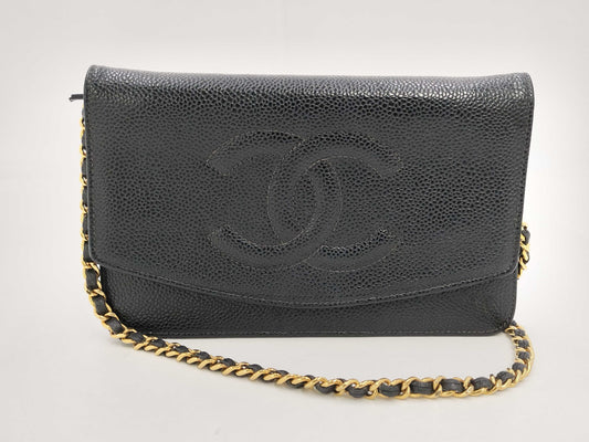 CHANEL Caviar Skin Chain Wallet Shoulder Bag Wallet Black Seal Included Shoulder Bag