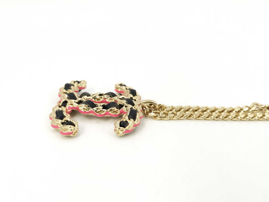CHANEL GP Necklace with Coco Mark, Black Leather, Pink Lacquer, ABB477, 28.5g