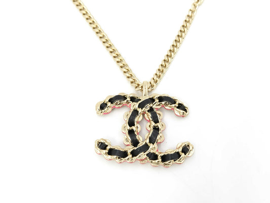 CHANEL GP Necklace with Coco Mark, Black Leather, Pink Lacquer, ABB477, 28.5g