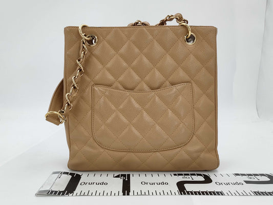CHANEL Chain Tote Shoulder Bag, Caviar Leather, Beige, GD Hardware, No. 8 Series
