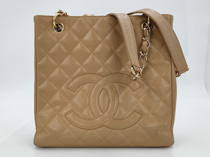 CHANEL Chain Tote Shoulder Bag, Caviar Leather, Beige, GD Hardware, No. 8 Series