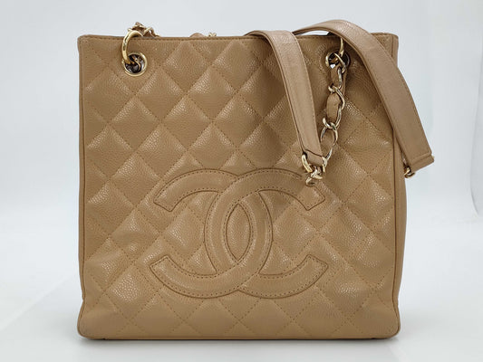 CHANEL Chain Tote Shoulder Bag, Caviar Leather, Beige, GD Hardware, No. 8 Series