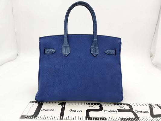 HERMES Birkin 30 Touch Alligator/Togo Blue Handbag with Silver Hardware and U Stamp