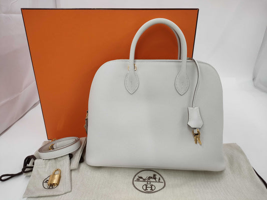 HERMES Bolide 1923 30 B Stamped Epsom Leather 2-Way Bag with New Gris Pearl and Gold Hardware. Suitcase.