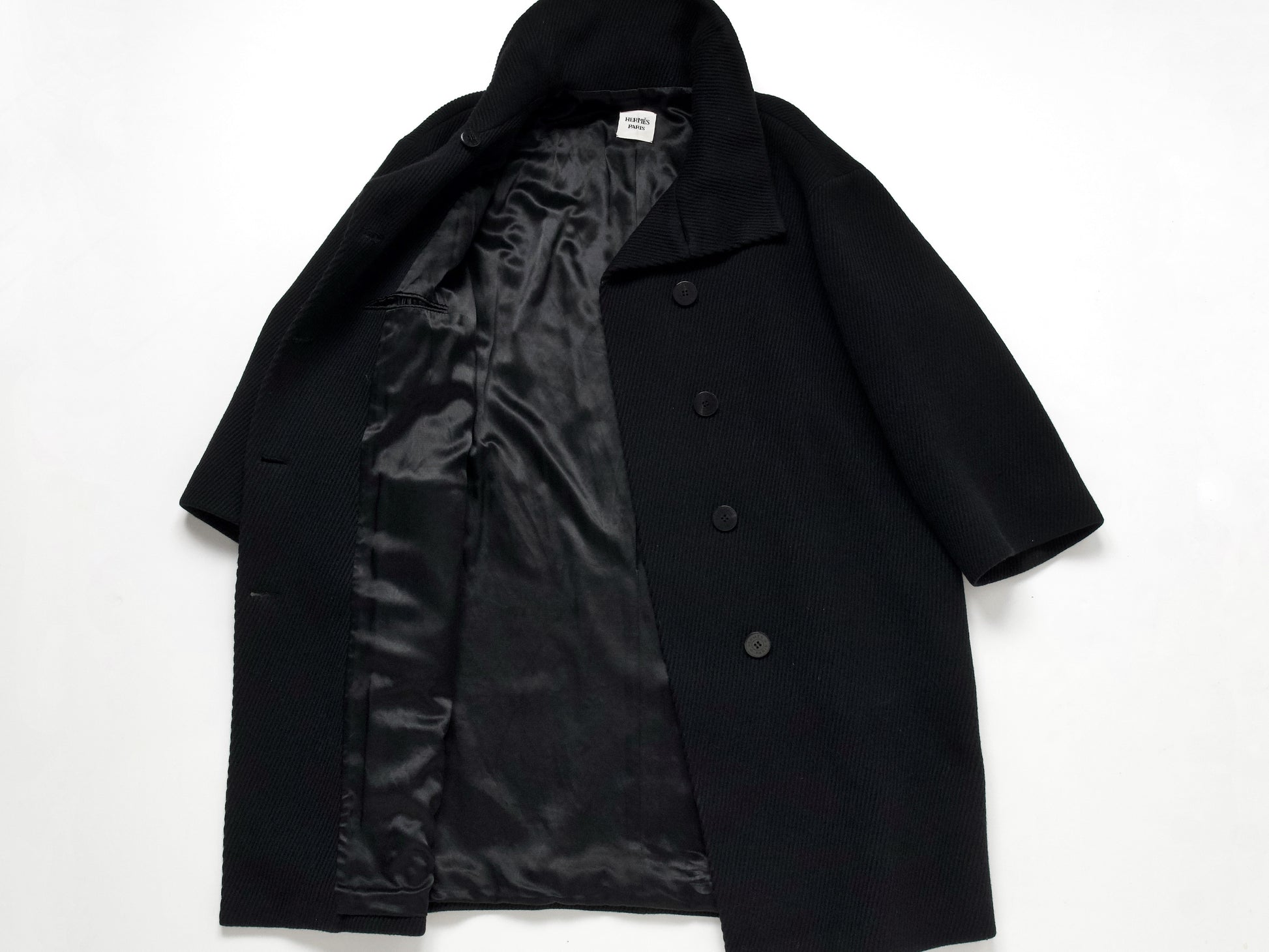 (10462_0045) HERMES Oversized Wool Coat Black 38 Recent