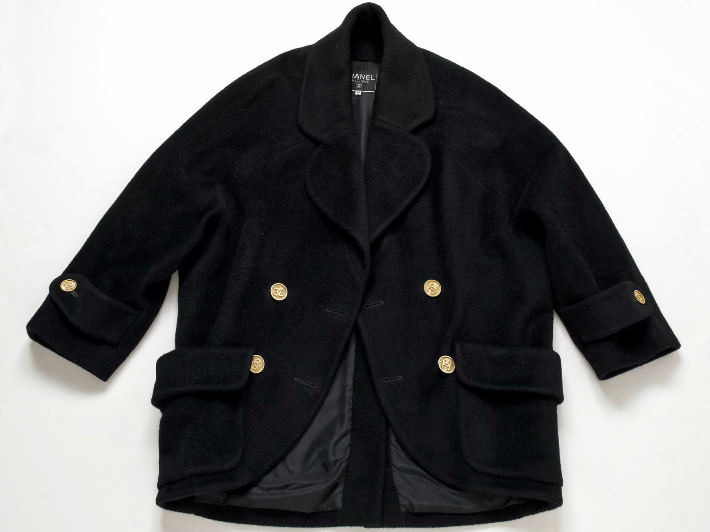 (10462_0133) CHANEL Fall/Winter 1990 Runway Woolmossa Big Coat 34 Black Coat